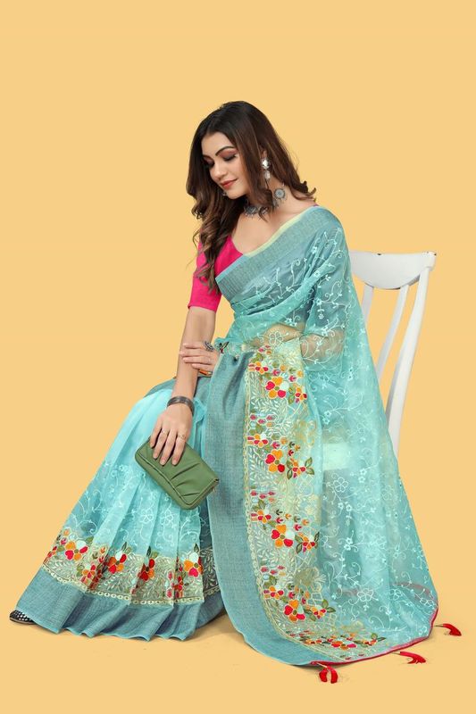 Blue Color Woven Patta Organza Silk Saree With Embroidery And Stone Work