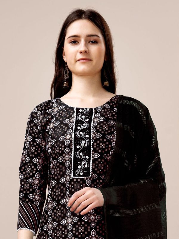 Black Color Rayon Fabric Designer Printed Readymade Suits With Smart Embroidery Work
