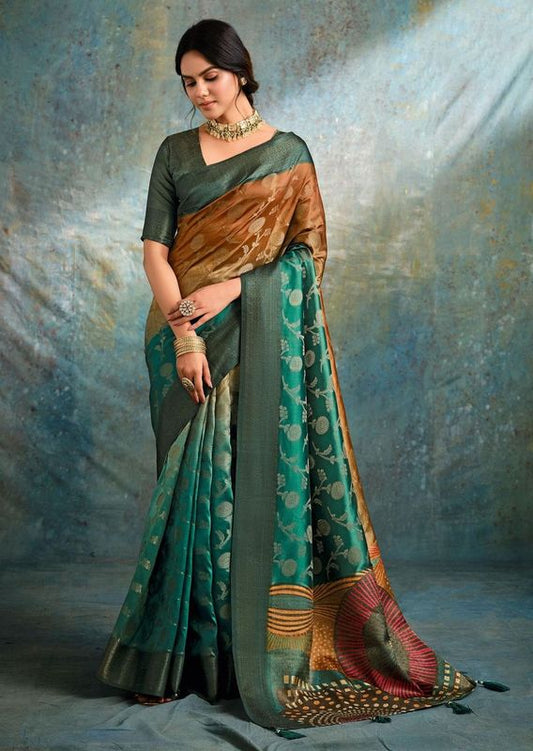 Teal Green Wevon Jacquard Designer Jacquard Silk Saree