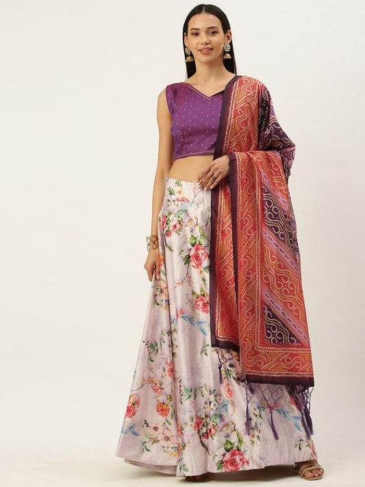 Digital Print Satin Silk Fabric Stitched Lehenga Choli With Jequared Blouse and Assami Silk Thread Work Dupatta For Women and Girls In Festive Party And Traditional Wear