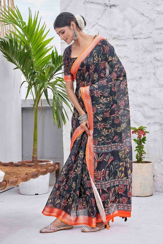 Black Digital Printed Designer Linen Blend Saree