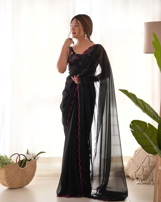 Black Color Solid Plain Georgette Saree With Graceful Embroidered Blouse