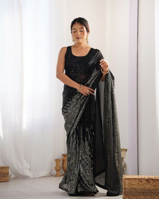 Black Designer Sequance Embroidery Work Georgette Saree