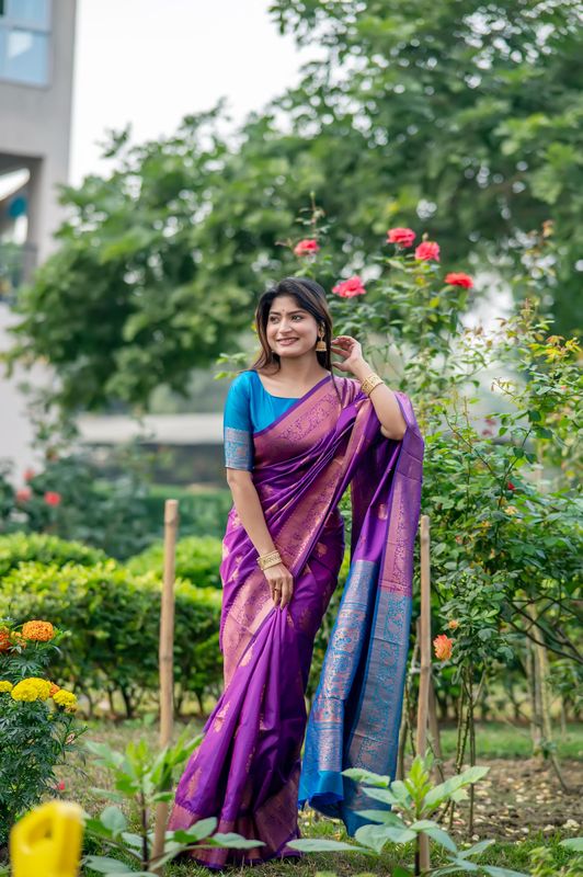 Purple Wevon Jari Designer Tussar Silk Saree