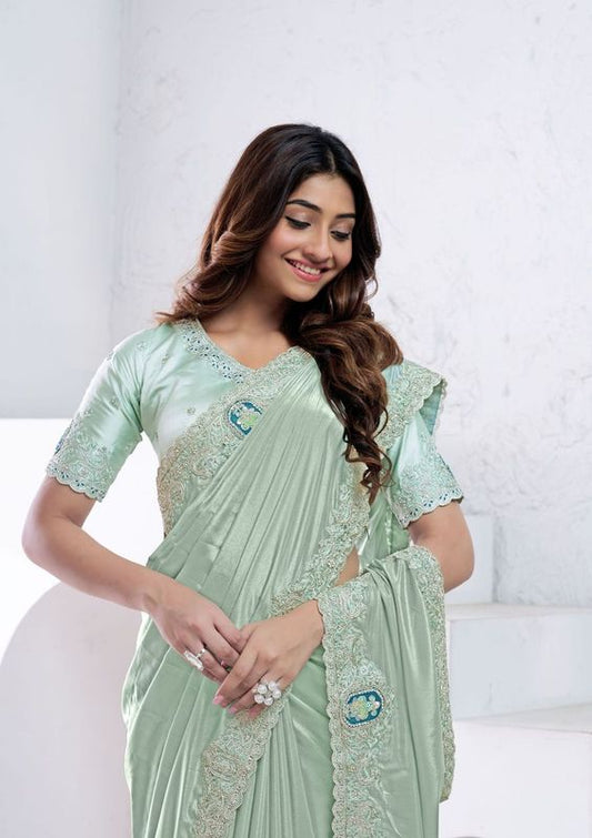 Sea Green Sequence Embroidery & Applic Work Crepe Silk Saree