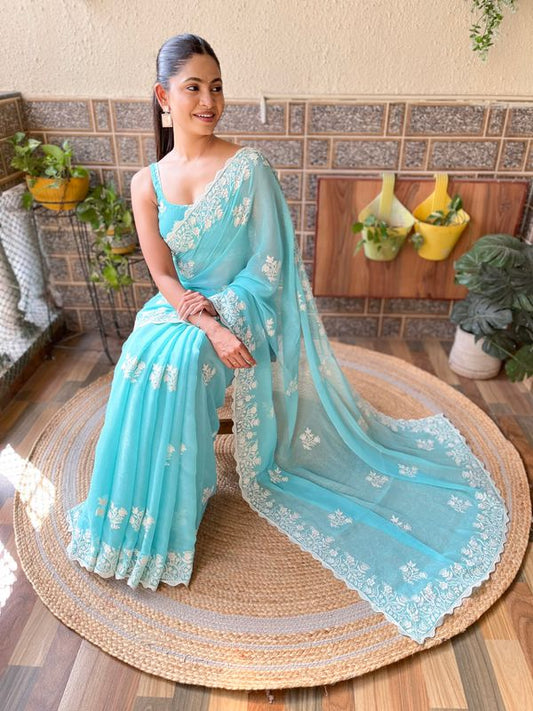 Sky Blue Color Simmer Silk Bollywood Style Partywear Saree With Thread Embroidery Cut Work