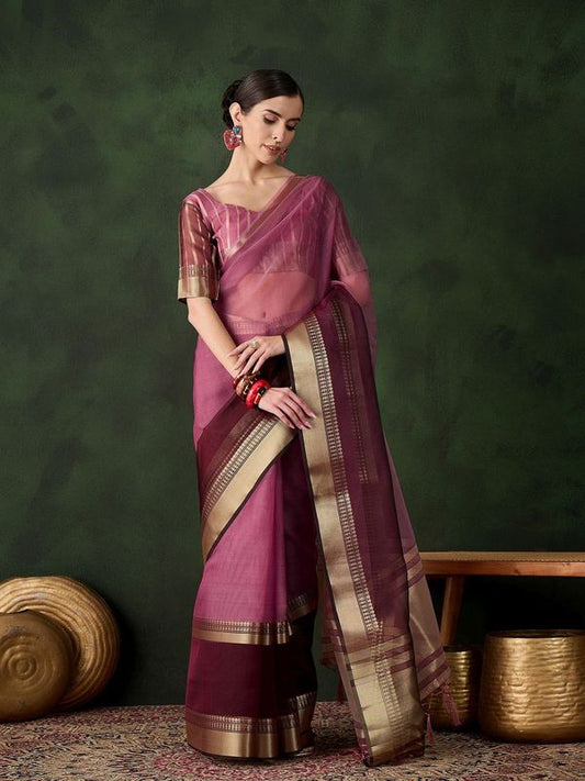 Wine Wevon Jacquard Designer Khadi Organza Saree