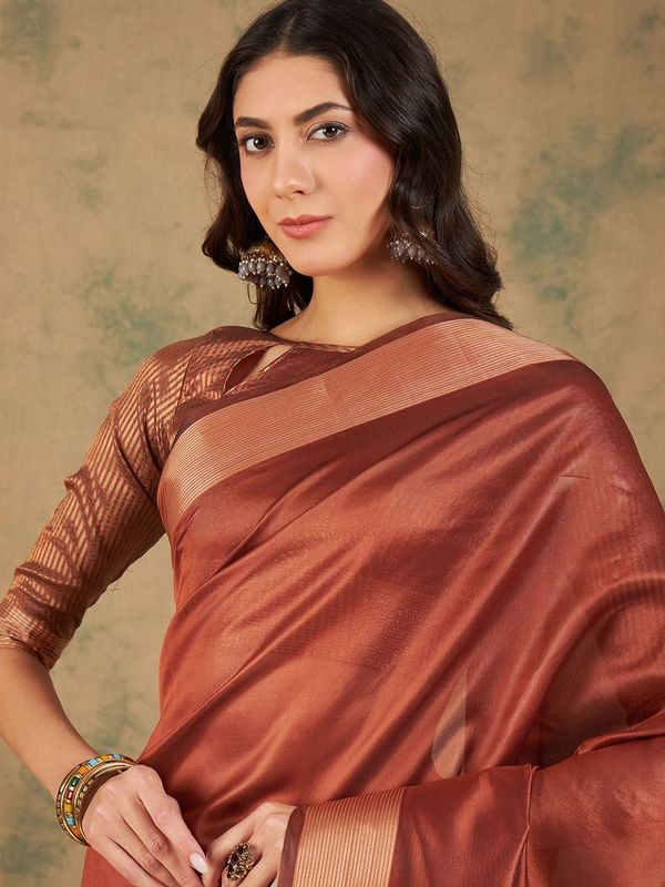 Rust Wevon Jari Designer Cotton Organza Saree