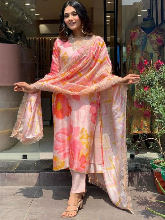 Pink Color Designer Partywear Rayon Fabric Embroidered Suit