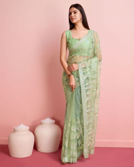 Pista Sequance Embroidery Work Soft Net Saree