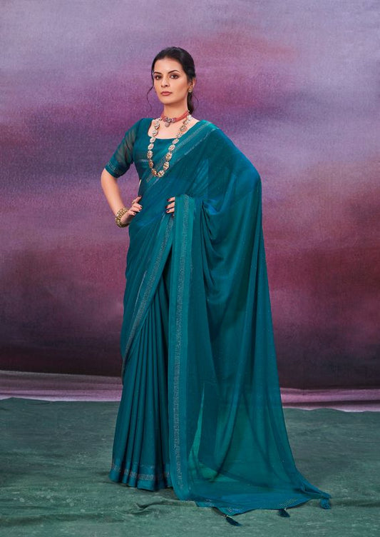 Dark Teal Wevon Patta Designer With Swarovski Work Chiffon Saree