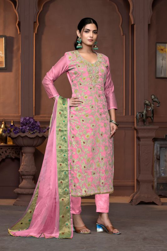 Pink Muslin Cotton Wevon Designer With Hand Work Graceful Wedding Wear Salwar Kameez