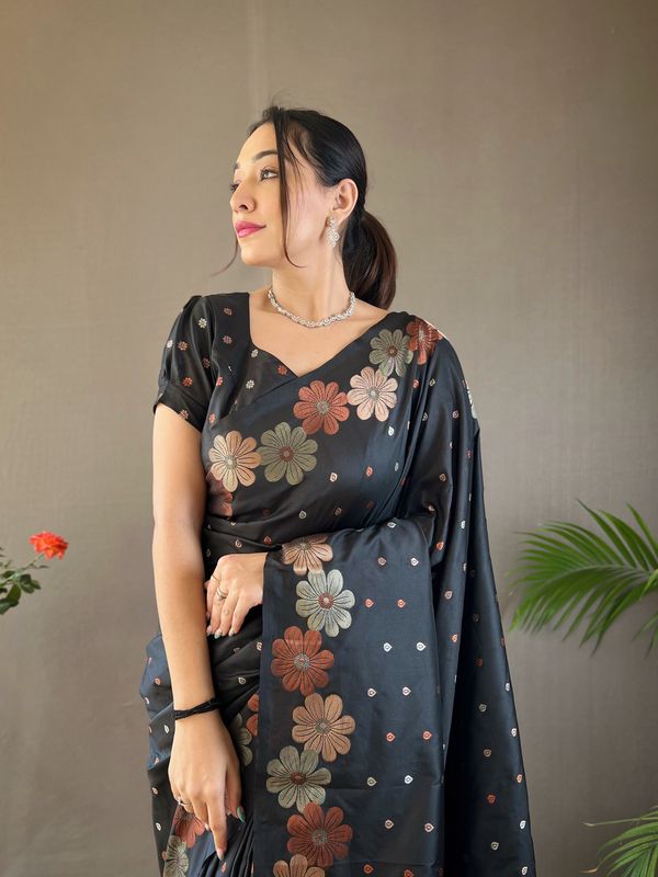 Black Weaving Jacquard Jari Designer Soft Silk Saree