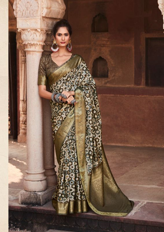 Grey Weaving Border Designer & Digital Printed Handloom Silk Saree