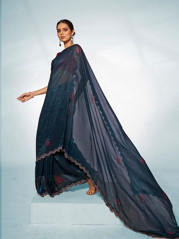 Teal Blue Color Slub Organza Fabric Swarovski  Designer Graceful Bollywood Style Party Saree