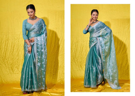 Sky Blue Silver Jari & Sequance Embroidery Work Burberry Silk Saree