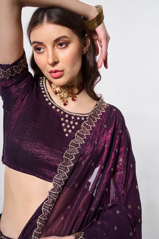 Wine Color Crunchy Chiffon Fabric Designer Embroidery Work Ceremonial Partywear Saree