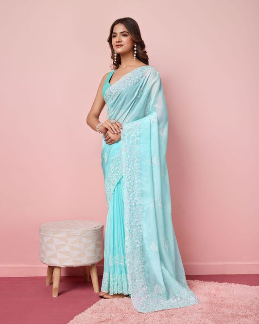 Sky Blue Sequance Embroidery Work Tabby Silk Saree