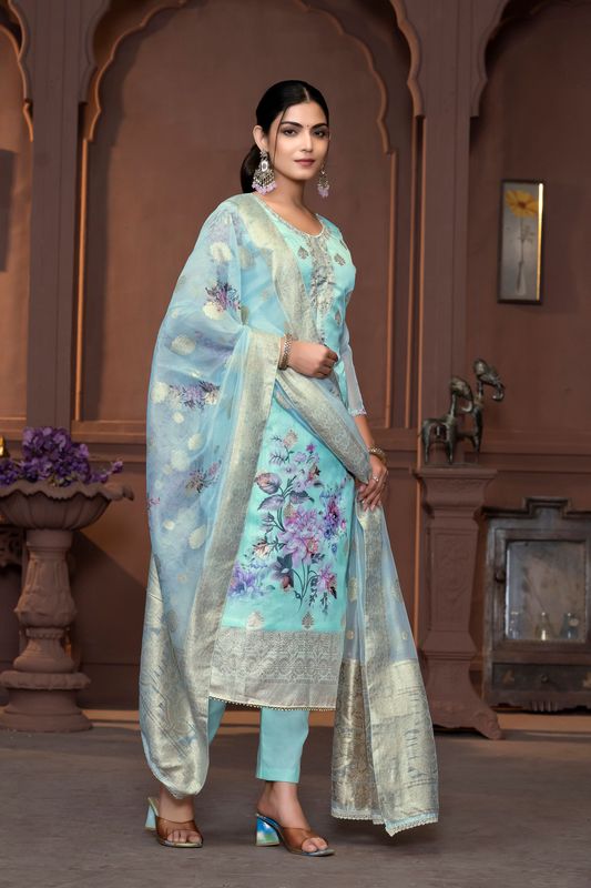 Blue Viscose Organza Wevon Designer With Printed And Hand Work Graceful Ethnic Wedding Wear Salwar Kameez