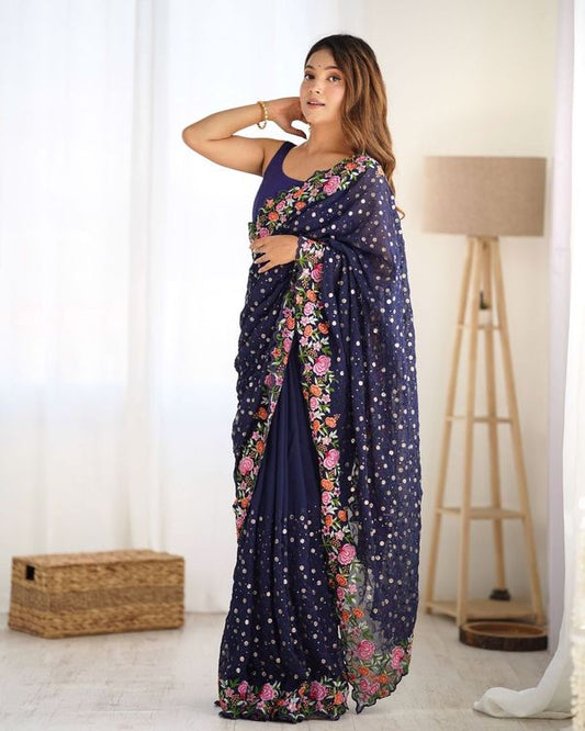 Blue Multy Thread & Sequance Embroidery Work Georgette Saree