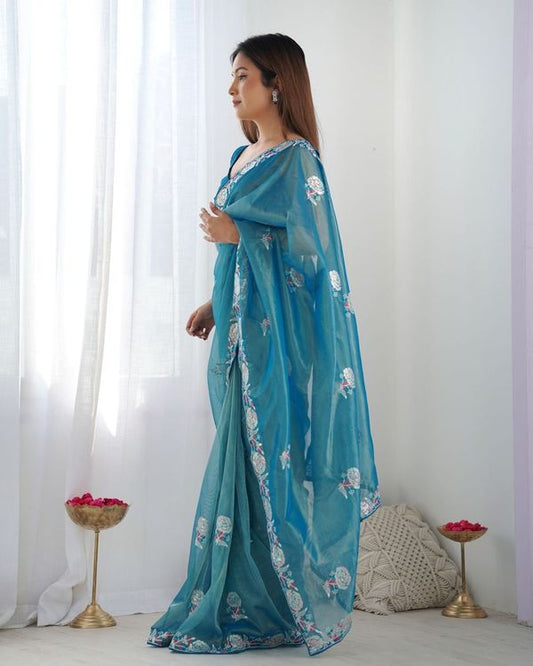 Teal Blue Multy Thread & Sequance Embroidery Work Gold Twill Net Saree