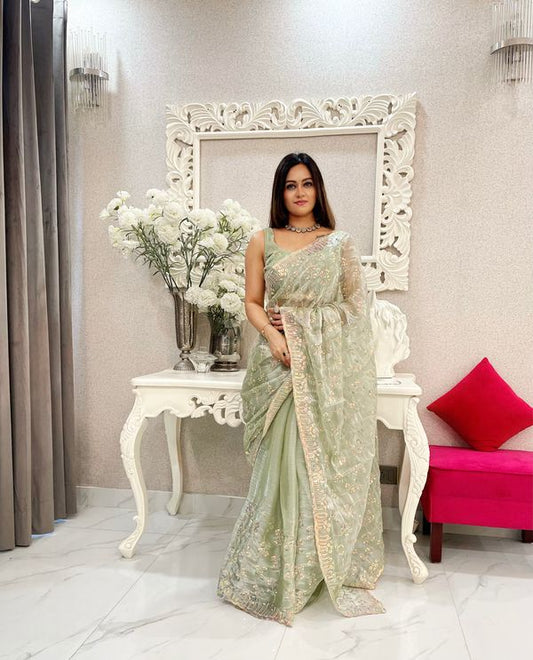 Pista Golden Jari & Sequance Embroidery Work Jimmy Choo Saree