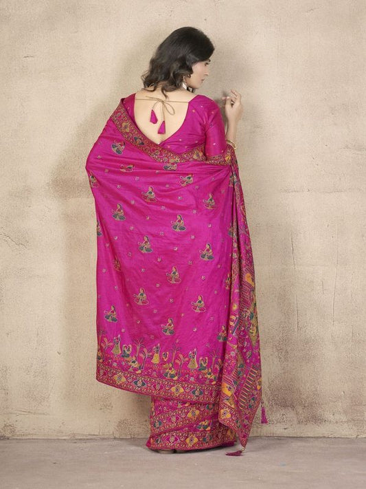 Magenta Wevon Thread & Jari Designer & Hand Work Pashmina Silk Saree