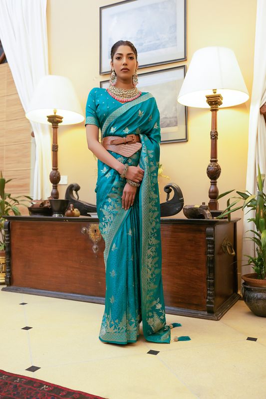 Firozi Zari Woven Satin Silk Saree