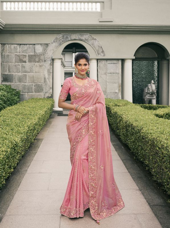 Baby Pink Wevon Jacquard Designer Embroidery Work Viscose Tissue Saree