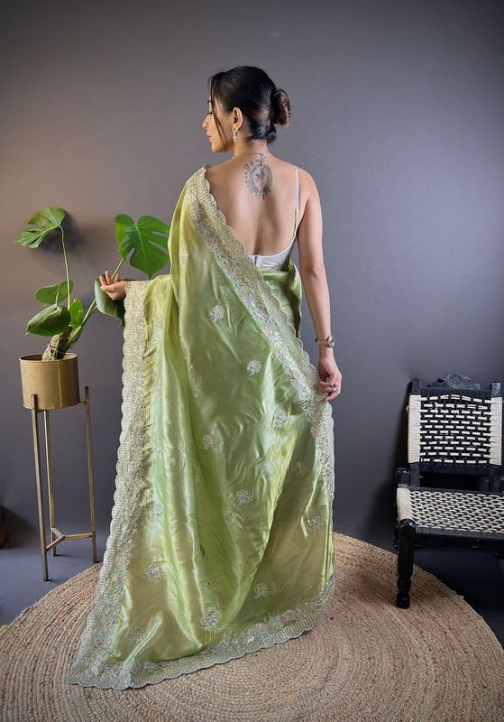 Green Sequance & Thread Embroidery & Cut Work Gold Crunchy Saree