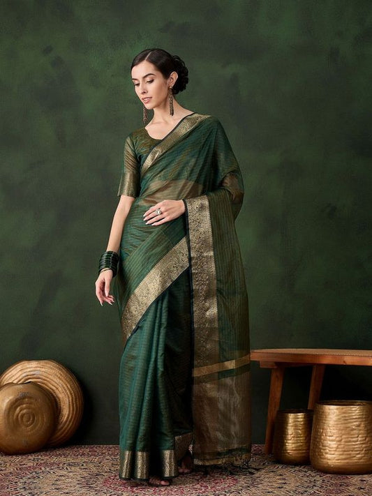 Green Color Khadi Organza Wevon Jacquard Designer Traditional Festive Wear Saree