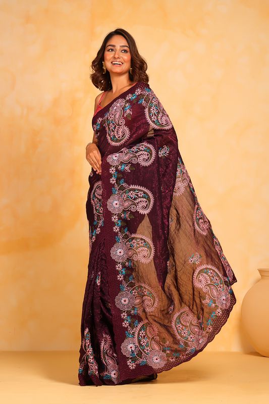 Wine Crushed & Thread Embroidery & Arco Cut Work Georgette Saree