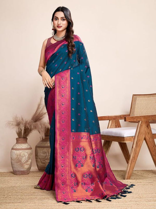 Blue Color Heavy Wevon Designer Jacquard Silk Saree For Traditonal Looks