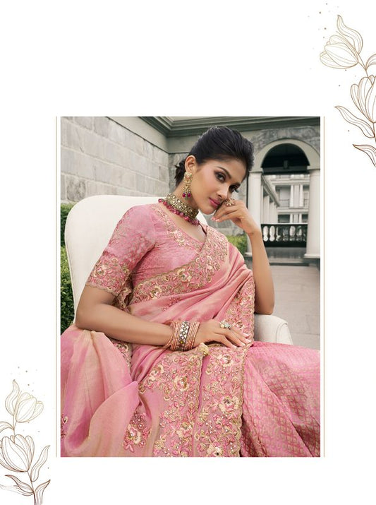 Baby Pink Wevon Jacquard Designer Embroidery Work Viscose Tissue Saree