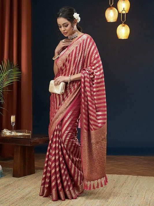 Pink Georgette Leheriya Saree With Tassels on Pallu and Stitched Pink Blouse