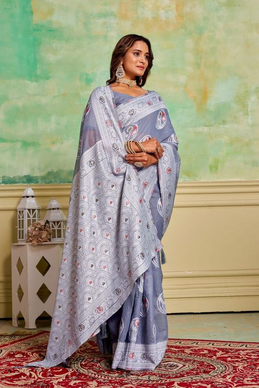 Grey Color Rich And Elegant Woven Designer Cotton Fabric Saree