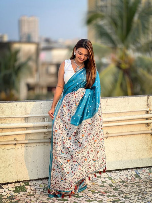 Turquoise Color Katki Silk Graceful Partywear Saree With Designer Kalankari Floral Printed