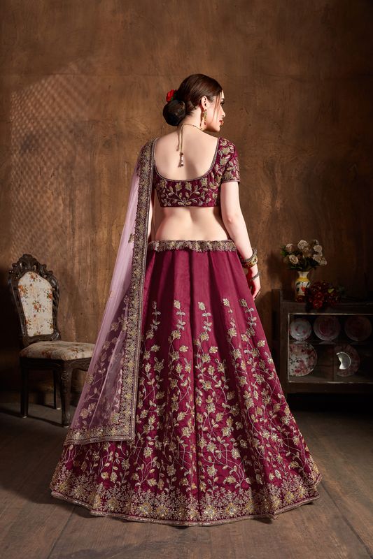 Maroon Women's Raw Silk Embroidery Lehenga Choli