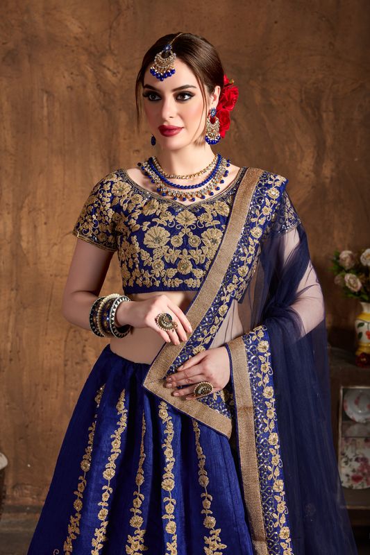 Navy Blue Women's Raw Silk Embroidery Lehenga Choli