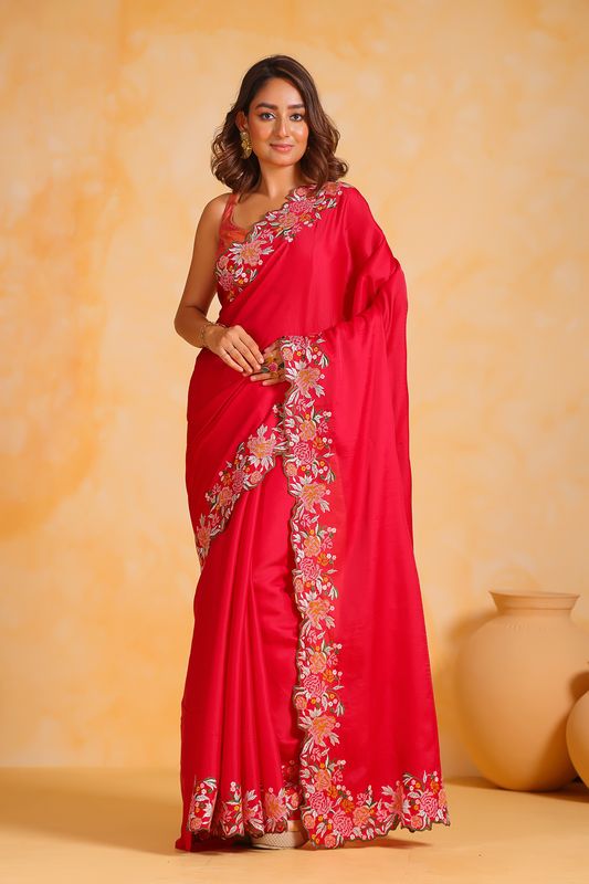 Red Designer Viscose Thresd Embroidery Work Tusser Silk Saree