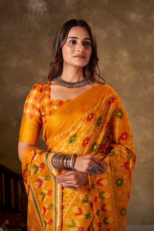 Yellow Cotton Printed Saree and Stitched Yellow Blouse