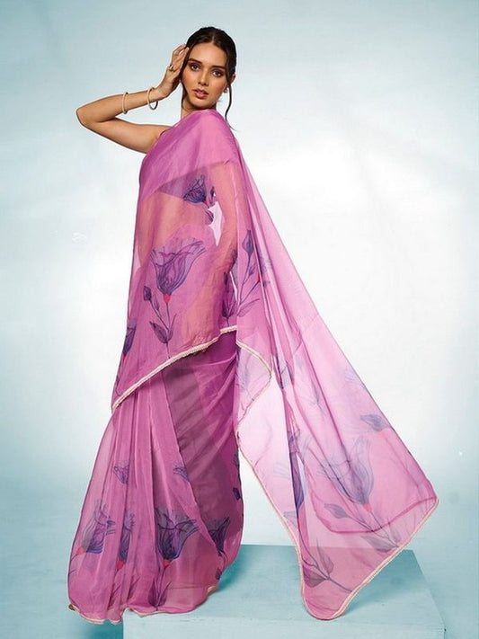 Purple Color Organza Fabric Designer Printed Graceful Bollywood Style Party Saree