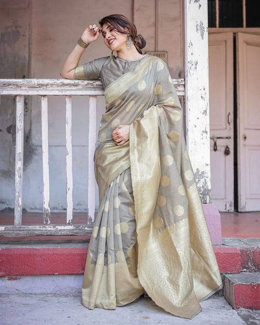 Grey Wevon Jari Designer Chanderi Silk Saree