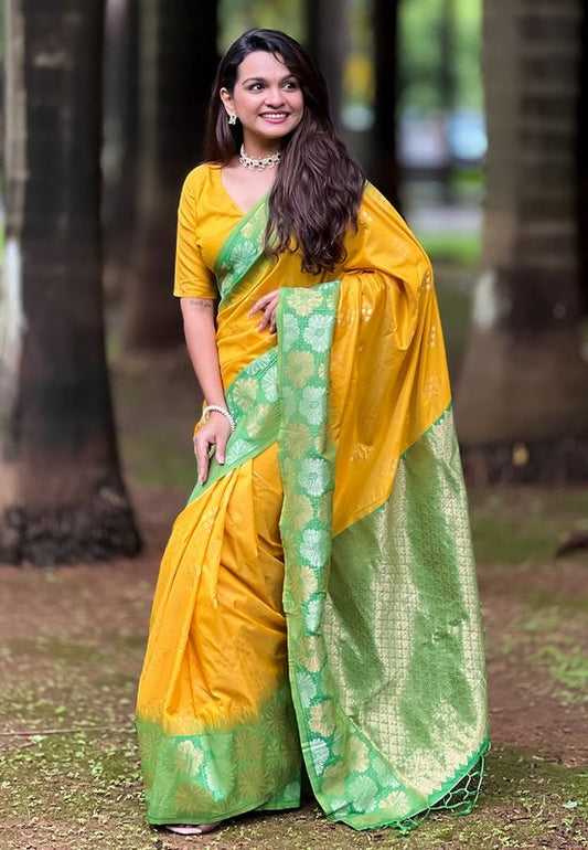 Yellow Soft Silk Weaving Dual Jari Designer Ethnic Indian Traditional Saree