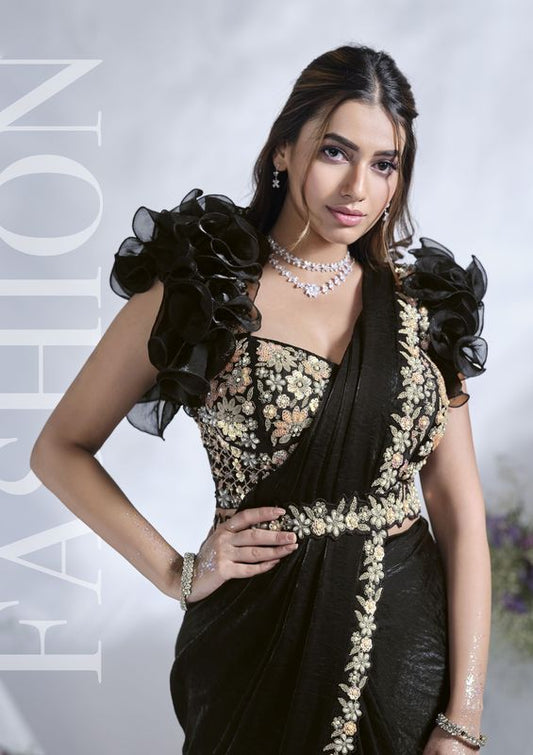 Black Sequance Embroidery & Hand Work Two Tone Satin Silk Saree