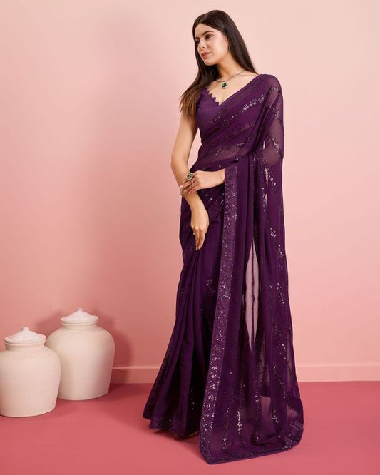 Purple Sequance Embroidery Work Georgette Saree