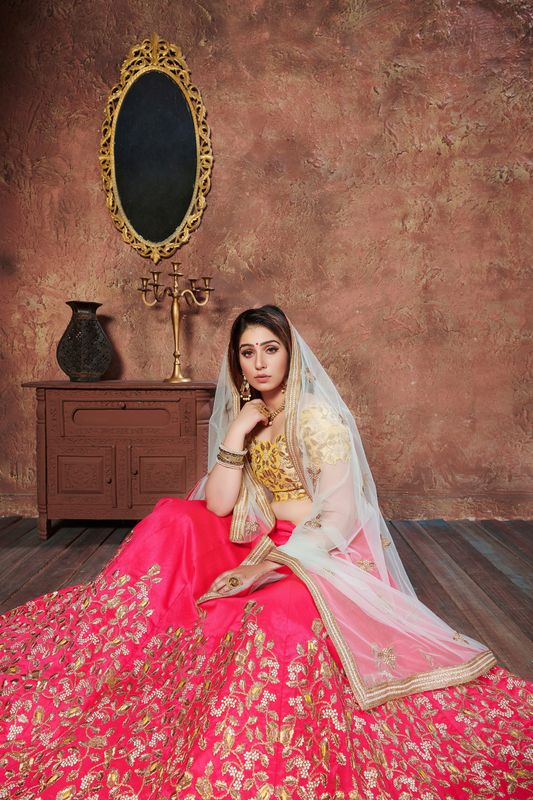 Yellow and Pink Women's Mulberry Silk Embroidery Lehenga Choli