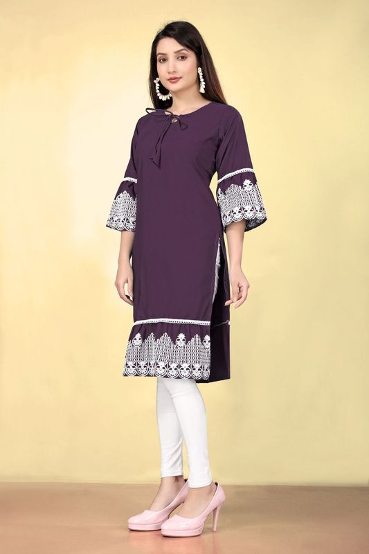 Purple Cotton Fabric Thread Embroidery Work Kurti For Formal Looks