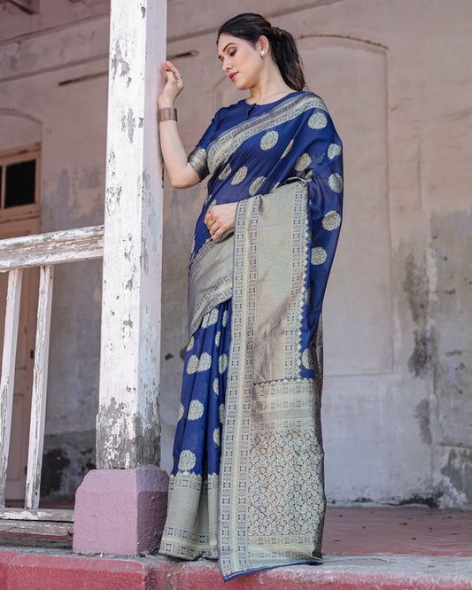 Blue Wevon Jari Designer Chanderi Silk Saree