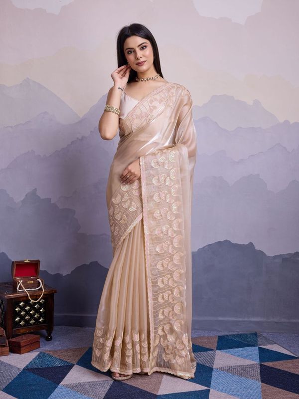 Beige Color Jimmi Silk Fabric Thread Sequins Embroidery Work Heavy Ceremonial Saree